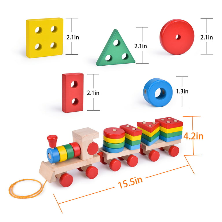 Fun Little Toys 25 Pcs 15.5 Inches Wooden Train Toddler Toys,Shape
