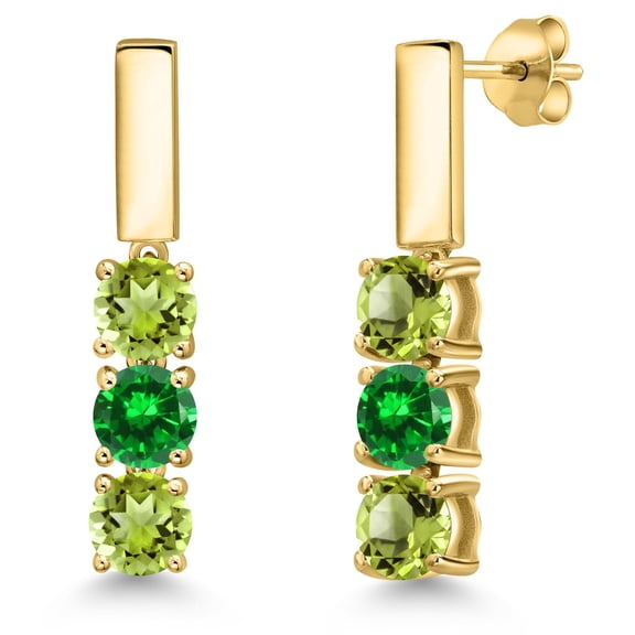 Gem Stone King 18K Yellow Gold Plated Silver Green Peridot and Green Created Emerald Drop Dangle Earrings for Women | 1.94 Cttw | Gemstone August Birthstone | Round 5MM