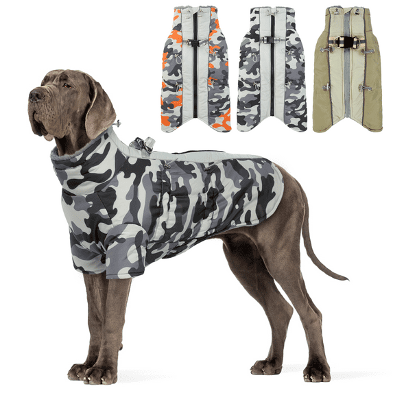 QBLEEV Warm Dog Winter Coat Windproof Cozy for Outdoor with Zipper Dog Cold Weather Jacket Fleece Lined for Large ,Small and Medium Dogs,Reflective Dog Clothes with Leash Hole,Grey Camo,2XL