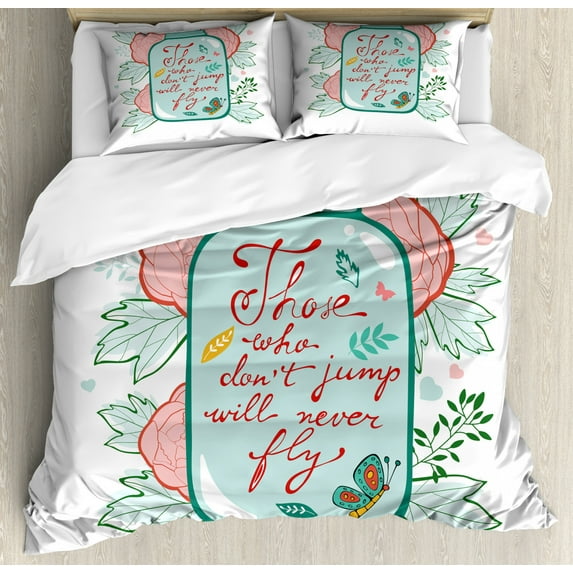 Saying Duvet Cover Set Queen Size, Those Who Don´t Jump Will Never Fly Calligraphy on Jar with Roses, Decorative 3 Piece Bedding Set with 2 Pillow Shams, Multicolor, by Ambesonne