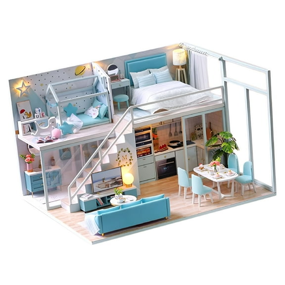 BESTSKY 1:24 Scale Wooden Diorama Dollhouse Miniature Furniture and Accessories DIY Kits Blue Apartment with LED Lights