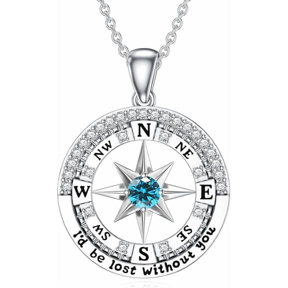 SISGEM Compass Necklace for Women I'd be Lost without You Jewelry Birthstone and 0.15cttw Diamonds Pendant 925 Sterling Silver Graduation Gift for Her