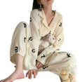 thumbnail image 4 of Ropa de dormir de 2 piezas con cuello vuelto, transpirable, elegante, suave, de manga larga para mujer, ropa de dormir para verano, letras geométricas de albaricoque M, 4 of 8