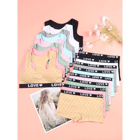 8 Sets Girl Basic Underwear Cotton Soft Camisole Bra and Panties Comfortable Wireless Training Bra Suitable for 10-14 Years