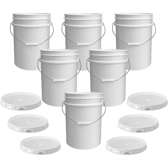 White 5-Gallon Bucket with Lid | Made in USA | Food Grade | Heavy-Duty Extra Durable Plastic Bucket | Multi-Use Food Grade Buckets with Lids | Easy Stack and Store | BPA Free | 6 Pack