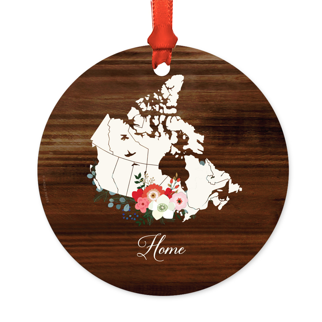 Round Metal Christmas Ornament, Rustic Wood with Florals Home, Canada