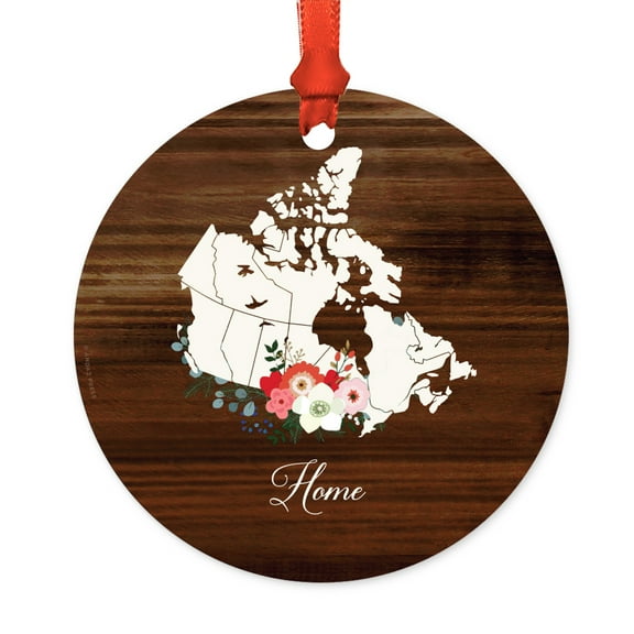 Round Metal Christmas Ornament, Rustic Wood with Florals Home, Canada, Includes Ribbon and Gift Bag