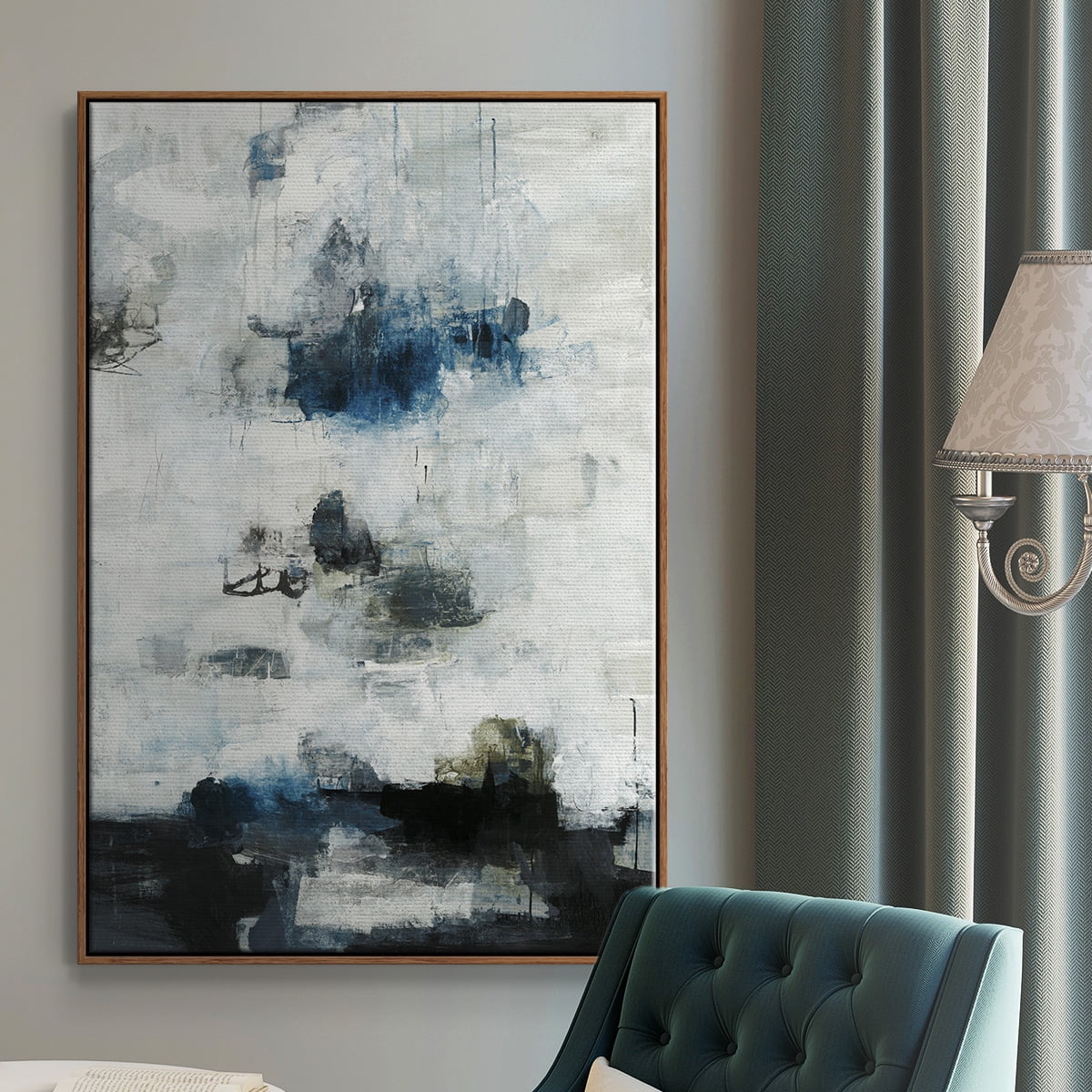 Black & Blue Framed Premium Gallery Wrapped Canvas - Ready to Hang - 27 x 41 - Walnut Floating Frame
