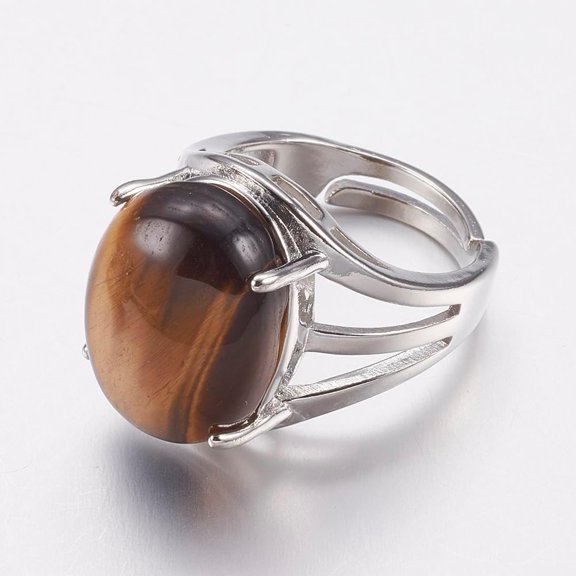 1Pcs Tiger Eye Wide Band Finger Rings Oval Gemstone Rings with Brass Ring Findings for Women Dainty Trendy Jewelry 18mm