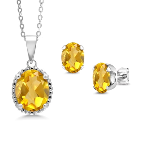 Gem Stone King 5.80 Ct Oval Yellow Citrine 925 Sterling Silver Pendant and Earrings Jewelry Set