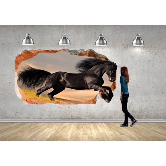 Startonight 3D Mural Wall Art Photo Decor Black Horse Amazing Dual View Surprise Wall Mural Wallpaper for Bedroom Animals Wall Art Gift Large 47.24 ‘’ By 86.61 ‘’