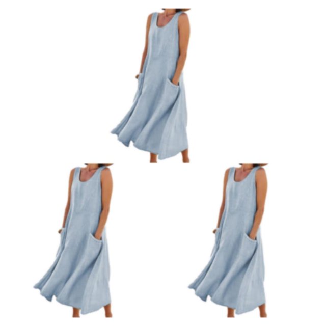 pitrice Femmes Été Coton Lin Robe Sans Manches Col Rond Boho Vintage Style Plage Couleur Unie en Vrac Kaftan Porter Tous les Jours Bleu Ciel / M 3Set