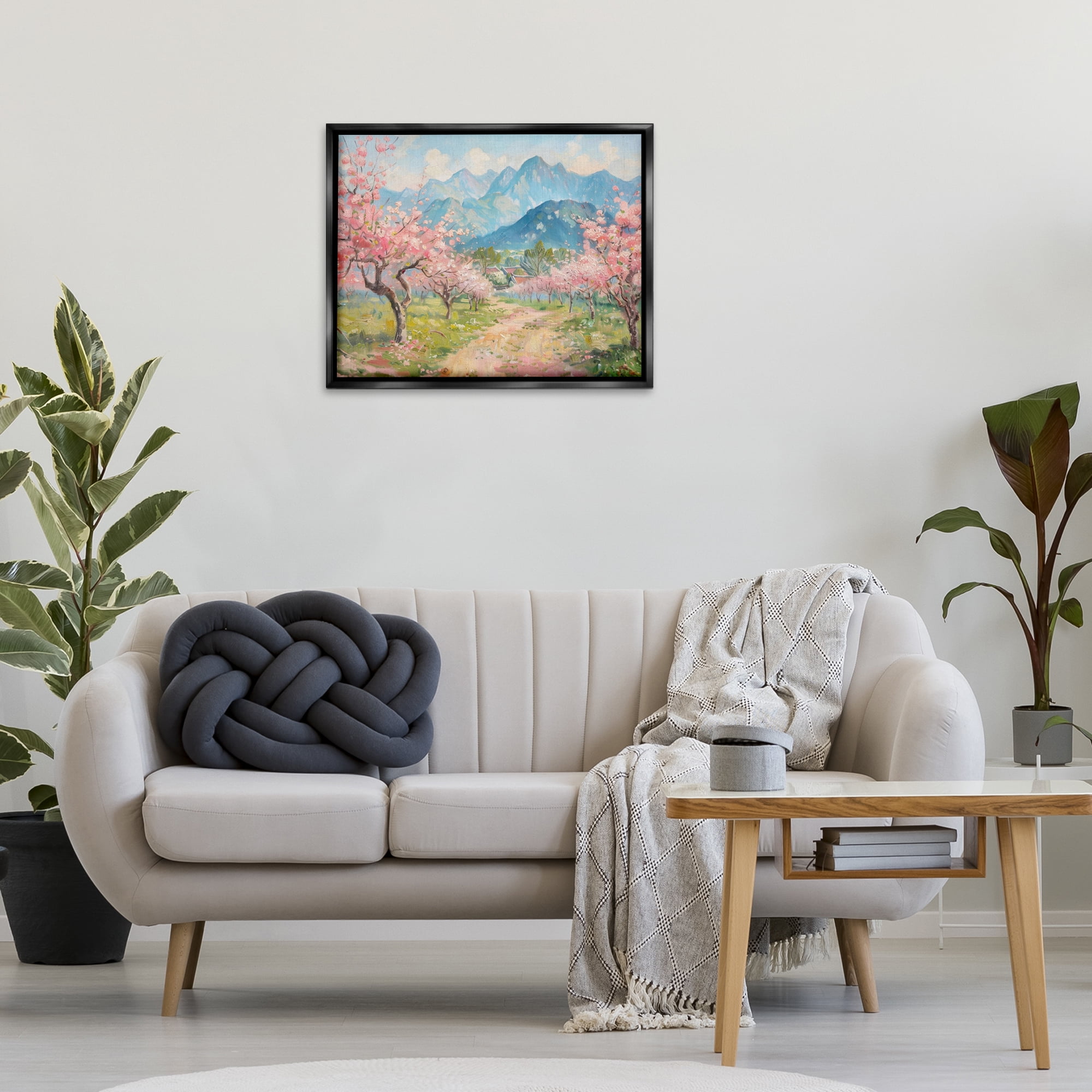 Stupell Industries Cherry Blossom Mountains Landscape & Nature Painting Black Floater Framed Canvas Art Print Wall Art, 31 x 25