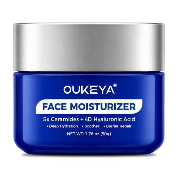 OUKEYA Face Moisturizer Cream with 5X Ceramides & 4D Hyaluronic Acid for Sensitive Dry Skin, 1.76oz