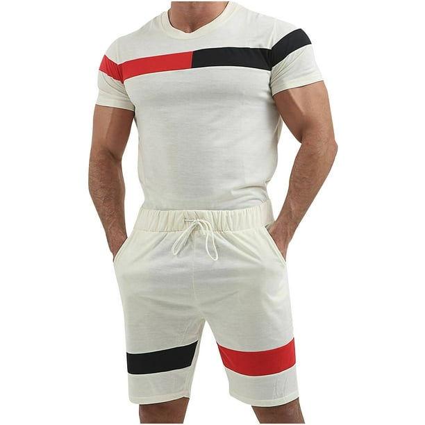Hombres Casual cuello redondo Patchwork Fitness manga corta pantalones cortos conjunto blusa y pantalones traje Pompotops oipoqjl35554
