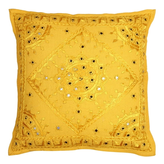 Stylo Culture Ethnic Decorative Throw Pillow Cover 16x16 Hand Embroidered Mango Yellow Bohemian 40cm x 40cm Home Decor Cotton Mirrored Square Cushion Cover | 1 Pc