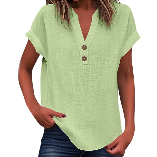 Camiseta informal de mujer con cuello en V y color liso - Tejido transpirable para el verano, fácil de combinar con vaqueros/pantalones