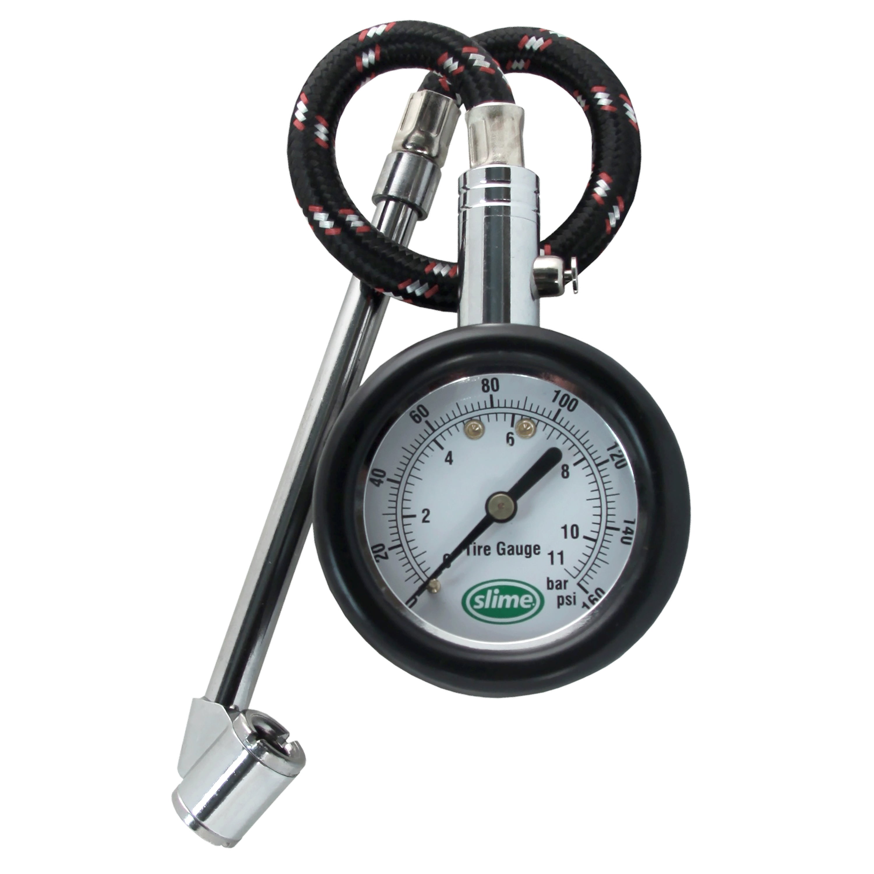 Slime Tire Gauge, Dual Head, Dial Gauge with Hose, Tire Sensor Safe, 10-160 Psi, Silver Color, 10.5" Long - 20420
