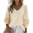 thumbnail image 3 of Swuxness Women 3/4 Sleeve Casual Shirts, Spring and Summer Tops, Ladies V-Neck Solid Color Comfortable Fashion Loose Pullover Tee Beige, S, 3 of 4