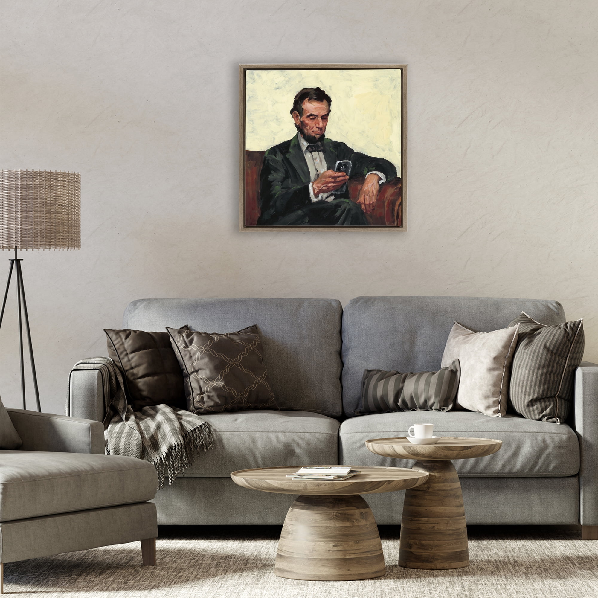 Stupell Industries Abe with Cellphone Brown Framed Floater Canvas Wall Art, design by Studio Bautista
