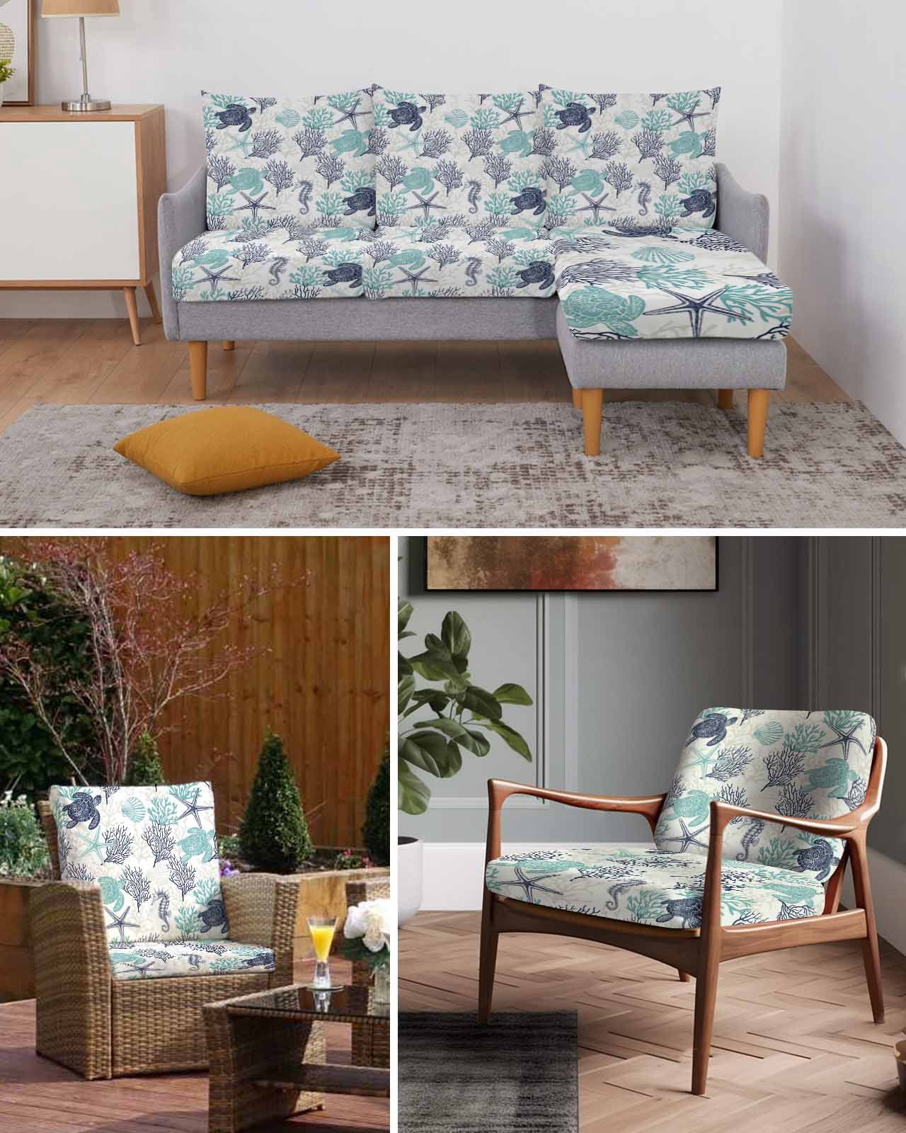 Teal Blue Coastal Couch Cushion Covers Stretch, Washable Sofa Seat Covers Individual Seat Cushion Sofa Slipcovers Sea Turtle Nautical Coral Summer Beach Couch Cover Furniture Protector S-3PCS