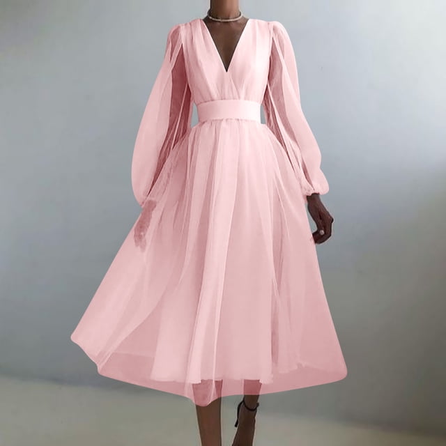 FcBaudy Robe Longue à Manches Longues Col en V, Robes d'Été pour Femmes, Robes pour Femmes Col en V Taille Haute Élastique Robe de Mariage Longue Jupe Robe Taille Femme