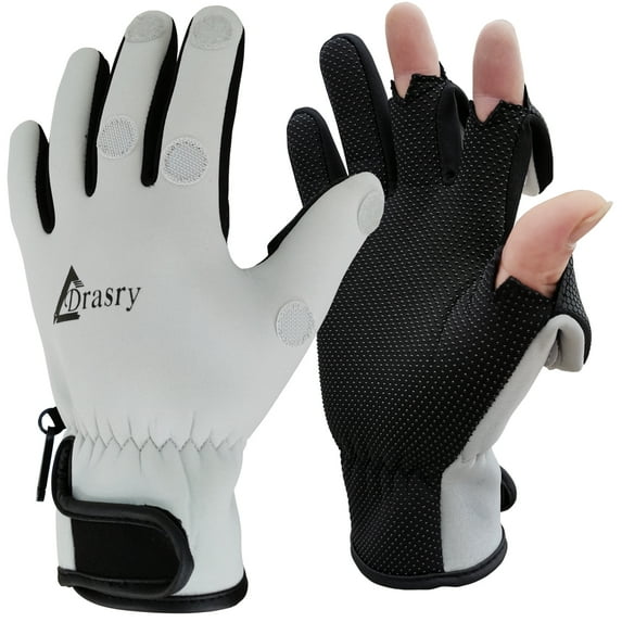 Drasry Neoprene Gloves Touchscreen 3 Cut Fingers Warm Cold Man Woman Winter Fishing Glove Gray XL