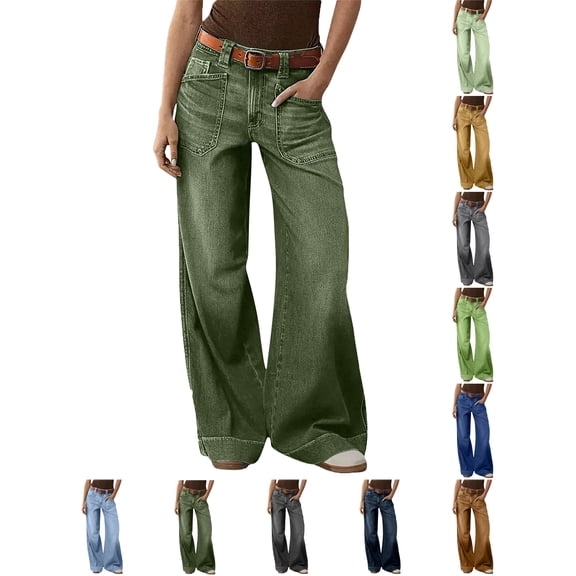 Women's Plus Size Jeans High Waist Pocket Wide Leg Flared Skinny Button Trousers Denim Pants For Women 4-20 Dark Blue,12