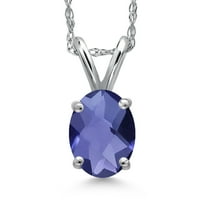 Gem Stone King 10K White Gold Blue Iolite Pendant Necklace for Women | 0.65 Cttw | Gemstone Birthstone | Oval Checkerboard 7X5MM | With 18 inch Chain