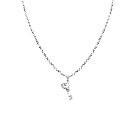 Precious Stars 14K White Gold Cubic Zirconia Ladies Key to My Heart Pendant with 16" Chain Necklace