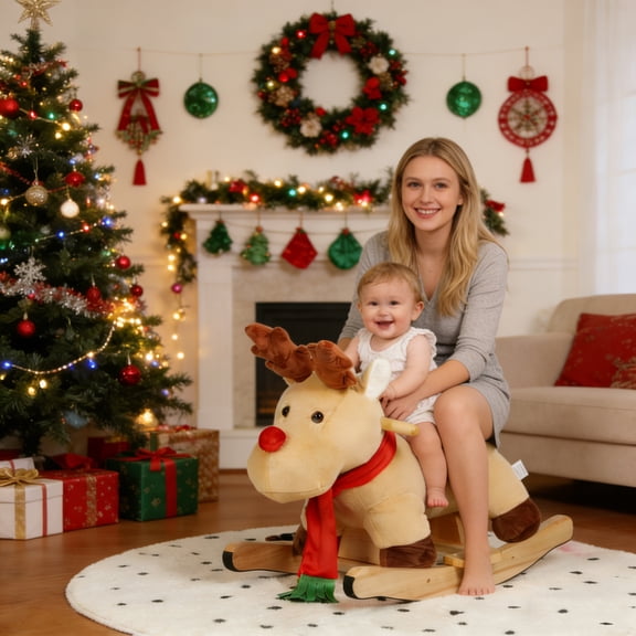 Christmas Deer Rocker Toy - Soft Plush with Sound, Safety Handle, Wooden Base, 25.59” for 1-3 Year Olds