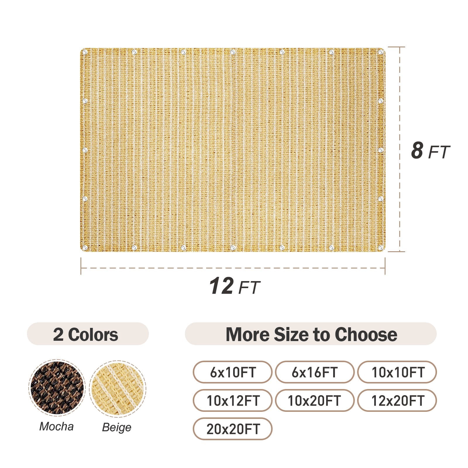 Sun Shade Cloth Shade Fabric Privacy Screen with Grommets for Patio Garden Pergola Carport Canopy Cover, 8' x 12', Beign