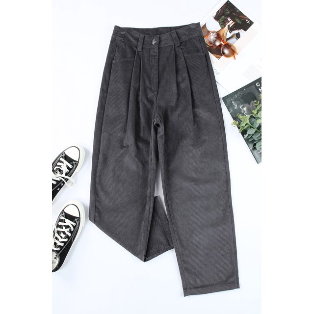 ABPHQTO Pantalón de pierna recta de cintura alta de pana gris para mujer