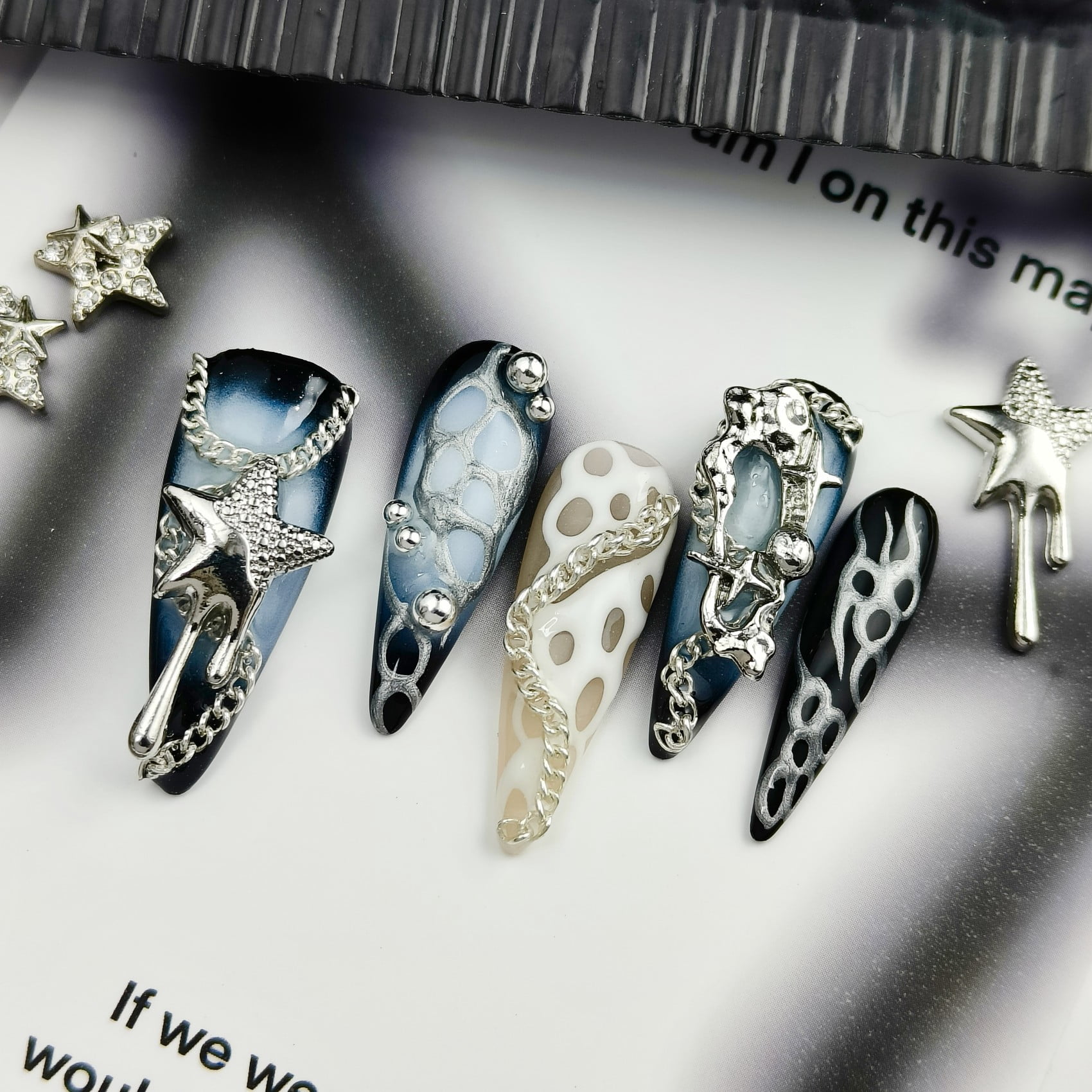 Handmade Press-On Nails with Silver Star and Chain 3D Accents