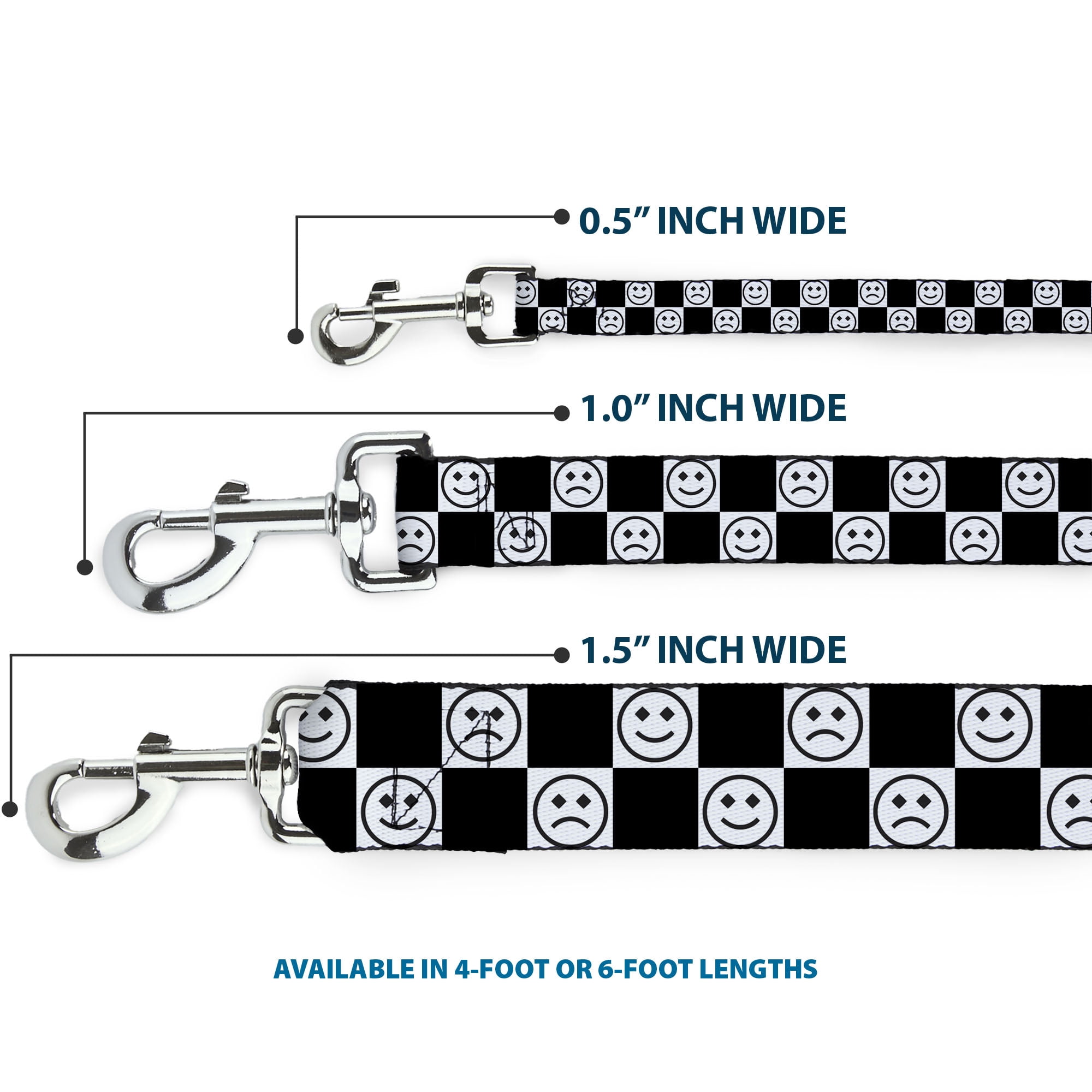 Buckle-Down Pet Leash, Dog Leash, Smiley Sad Face Checker Black White, 6 Feet Long 1.0 Inch Wide