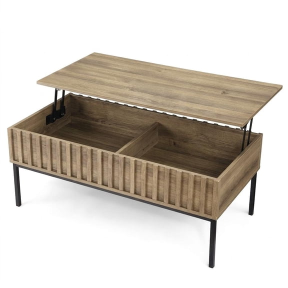 43" Lift Top Coffee Table with Hidden Storage Compartment, Adjustable Height Modern Rectangular Center Table with Removable Shelf & Metal Legs for Living Room, Mid Century Wood Grain Finish