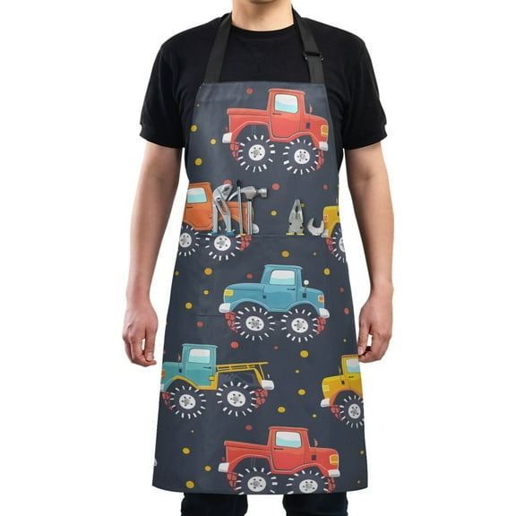Kitchen Apron with 2 Pockets Adjustable waterproof Cooking Aprons for Women Men Chef Hand Paint Monster Trucks