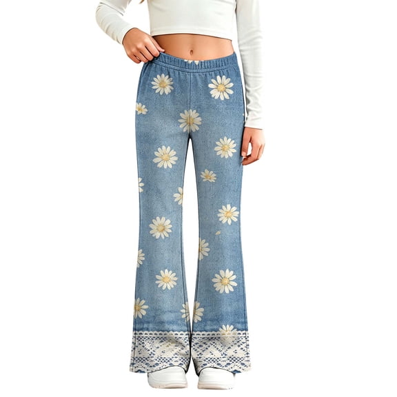 VIPOIN Girls' Boho Flare Pants Floral Print Vintage Y2K Style Bell Bottom Stretchy Trousers
