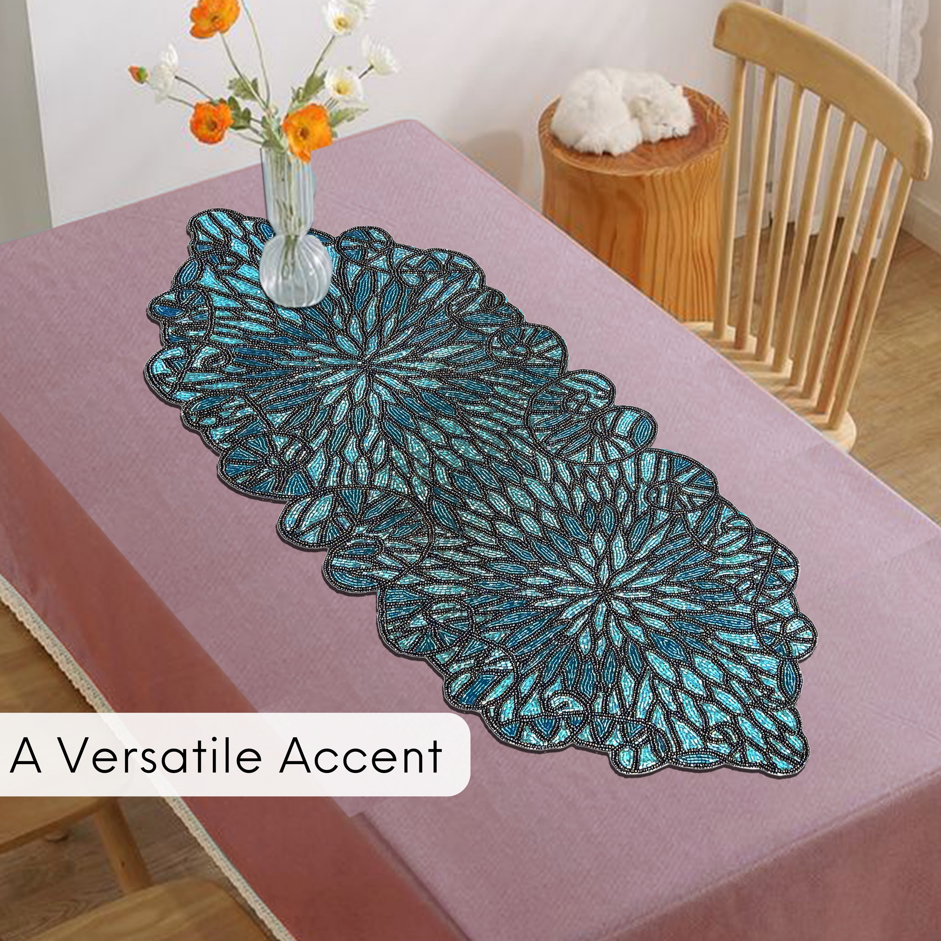Handcrafted Glass Beaded Table Runner - Elegant Decorative Dining Table Décor (Blue Black)