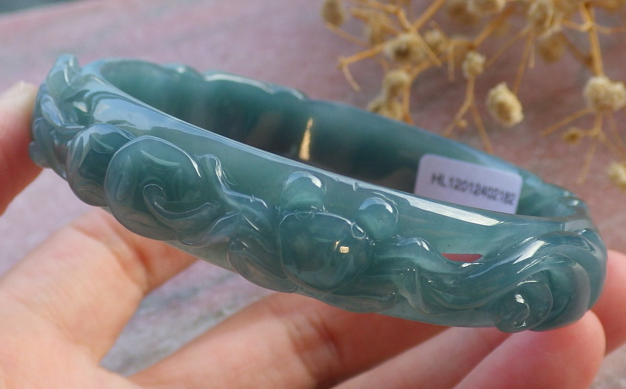 Icy Green Natural A JADE Jadeite Crab Coin Lotus Leaf Bangle Bracelet 62 mm 680598 TN