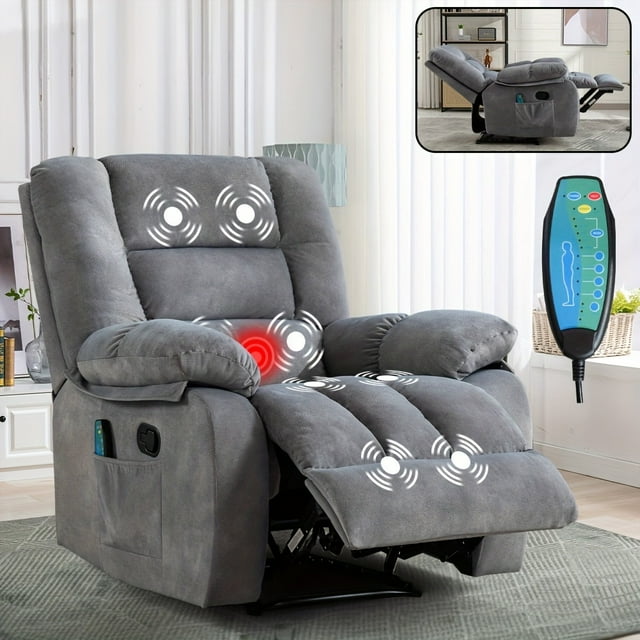 Bonzy Home Oversized Manual Recliner Chair with Massage,Heating,Oversized Overstuffed Reclining Sofa with Side Pockets, for Living Room,Bedroom,Light Gray