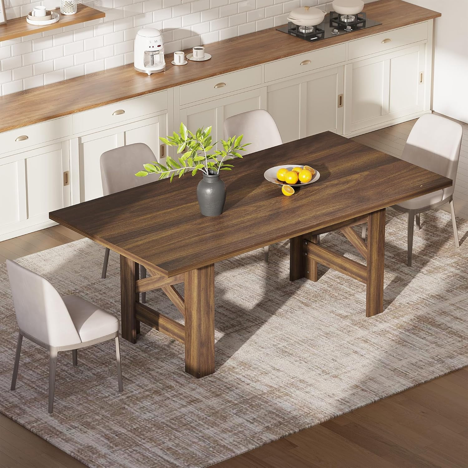 71" Farmhouse Dining Table for 6-8, Large Wooden Table with Thick Frame and Stable Triangular Legs for Kitchen or Office