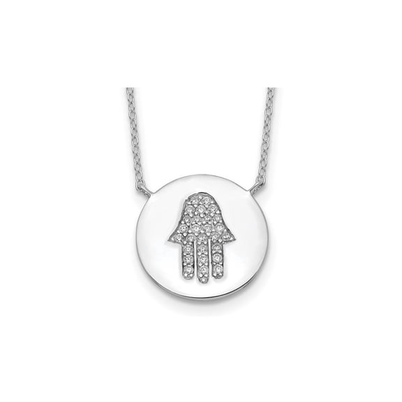 Sterling Silver Round Hamsa Pendant Necklace with Chain and Cubic Zirconia (CZ)s for Women