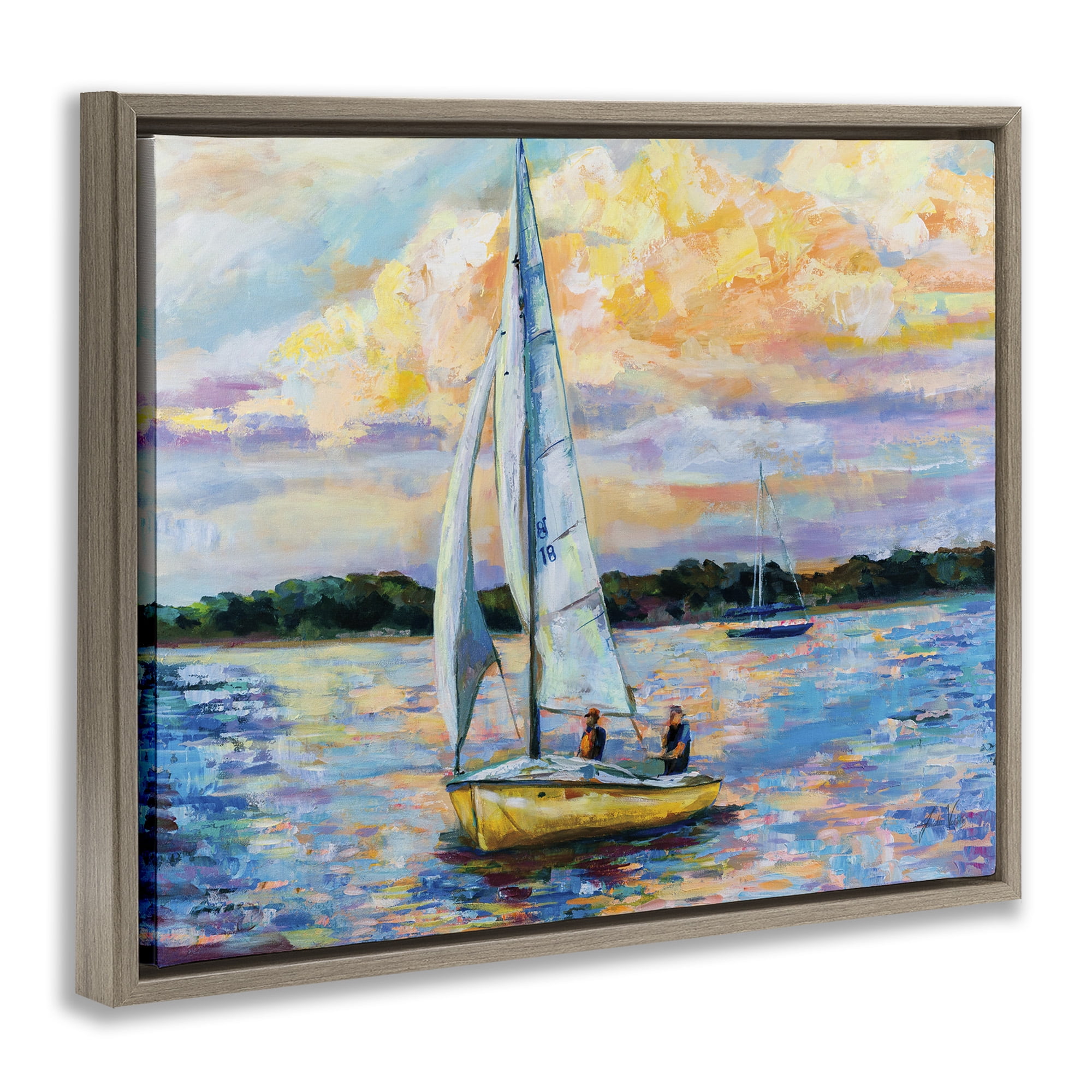 Stupell Industries Vivid Nautical Sailboat Landscape Transportation Painting Brown Floater Framed Canvas Art Print Wall Art, 31 x 25