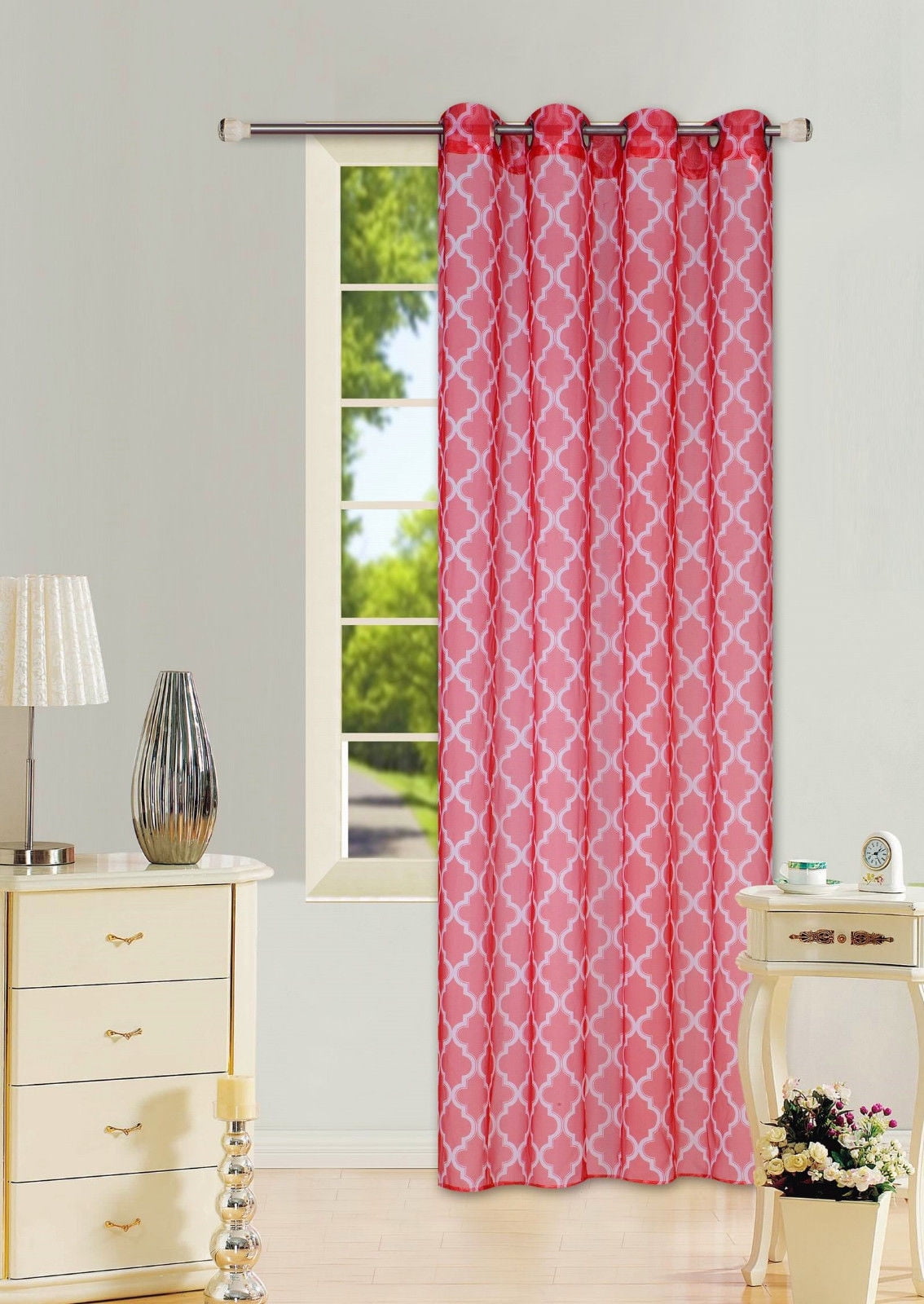 1PC GROMMET VOILE SHEER WINDOW PANEL CURTAIN GEOMETRIC PRINTED RED/WHITE S38 