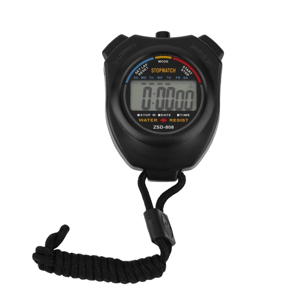 Black Handheld Digital LCD Chronograph Sports Stopwatch Counter Timer with Strap 