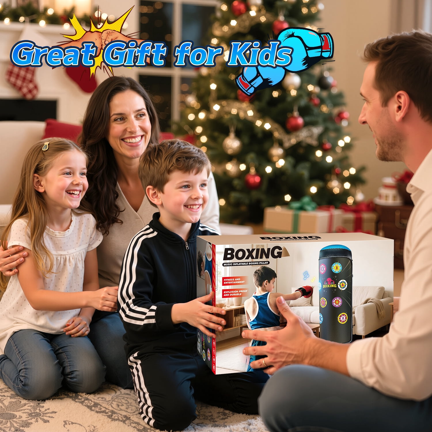 Carsky Kids Punching Bag with Light & Sound, Blue Inflatable Boxing Toy with Gloves, Scoring System, 4 Play Modes, Indoor Outdoor Fitness Toy Gift for Boys and Girls Ages 4-12