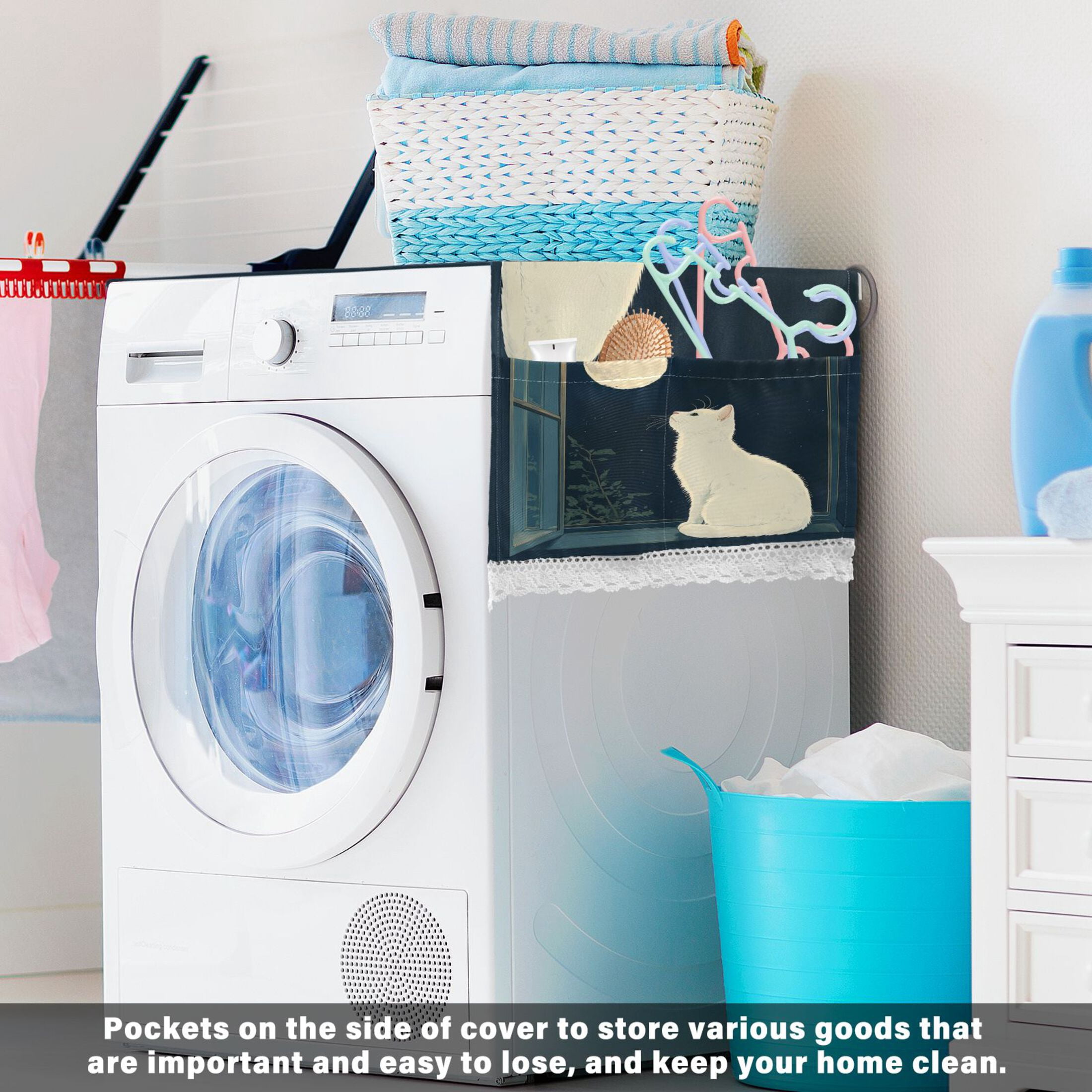 WOBOGO White Cat Enjoying The Moon Washing Machine Cloth Dryer Refrigerator Top Cover Protective Non-Slip Mat For Kitchen Laundry