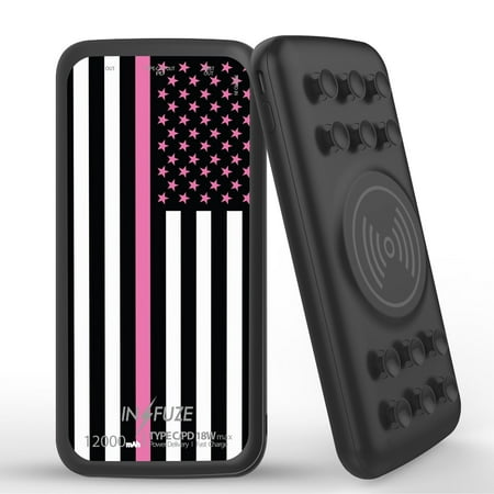 

INFUZE Qi Wireless Portable Charger for REVVL V+ 5G External Battery (12000 mAh 18W Power Delivery USB-C/USB-A Quick Charge 3.0 Ports Suction Cups) with Touchless Tool - Thin Pink Line Flag