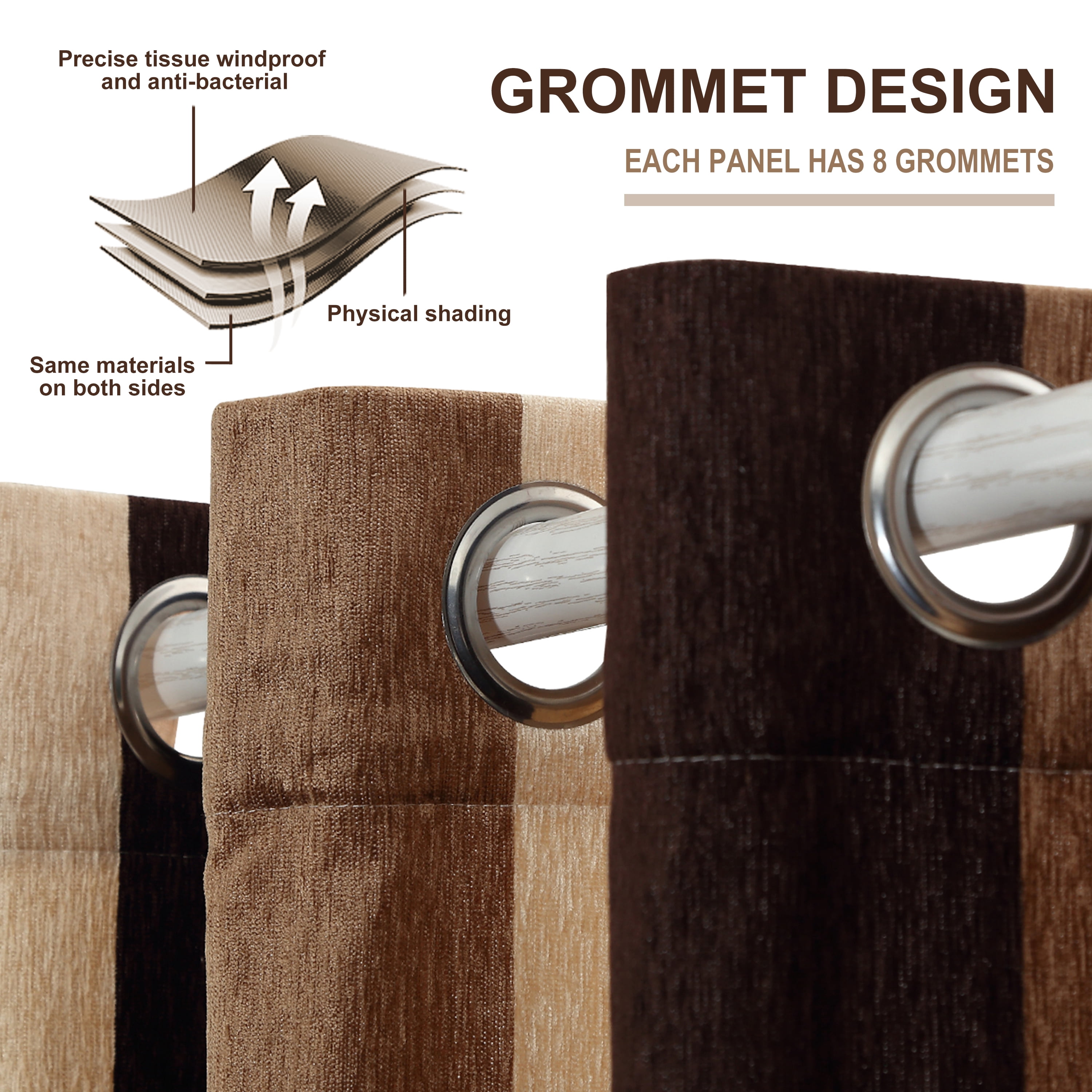 YIYITOOLS Vertical Striped Buttonhole Curtain Sets, Brown Blackout Curtains for Bedroom (2 Panels, W52" x L63")